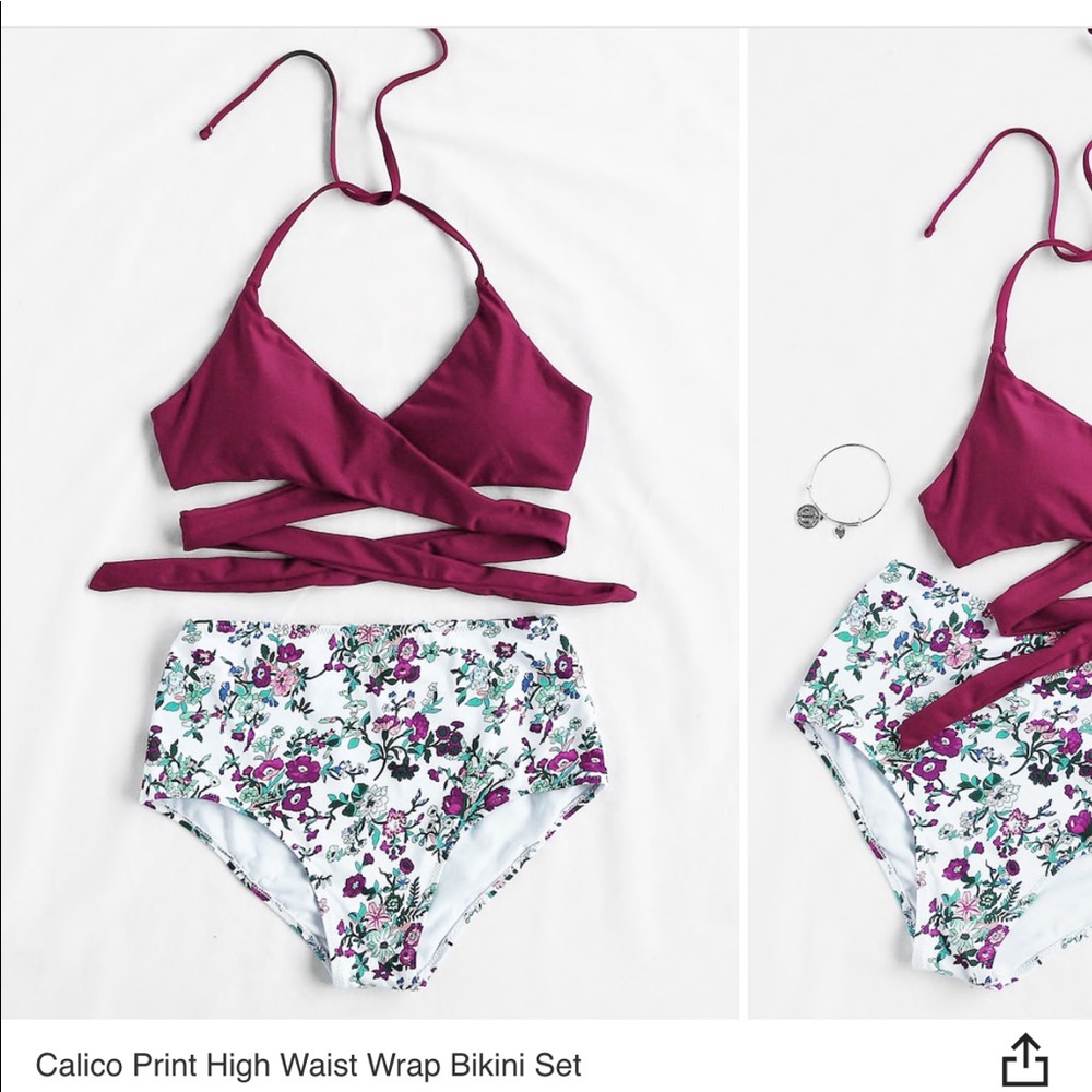 Calico Print High Waist Wrap Bikini Set